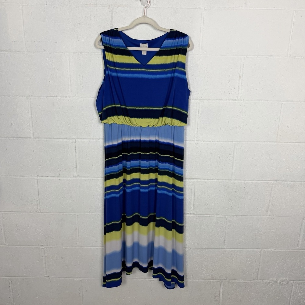 Chicos Tie-Dye Stripe Maxi Dress‎ Plus Size 16 Blue Asymmetric Hem Beach Travel